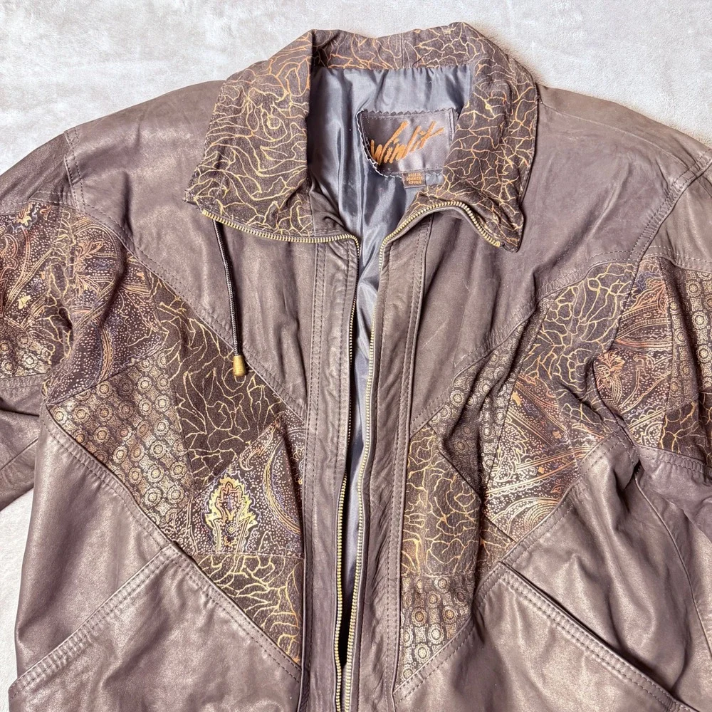 Vintage Winlit S Leather Black Bomber Jacket Gold Paisley Metallic Boho 80s 90s